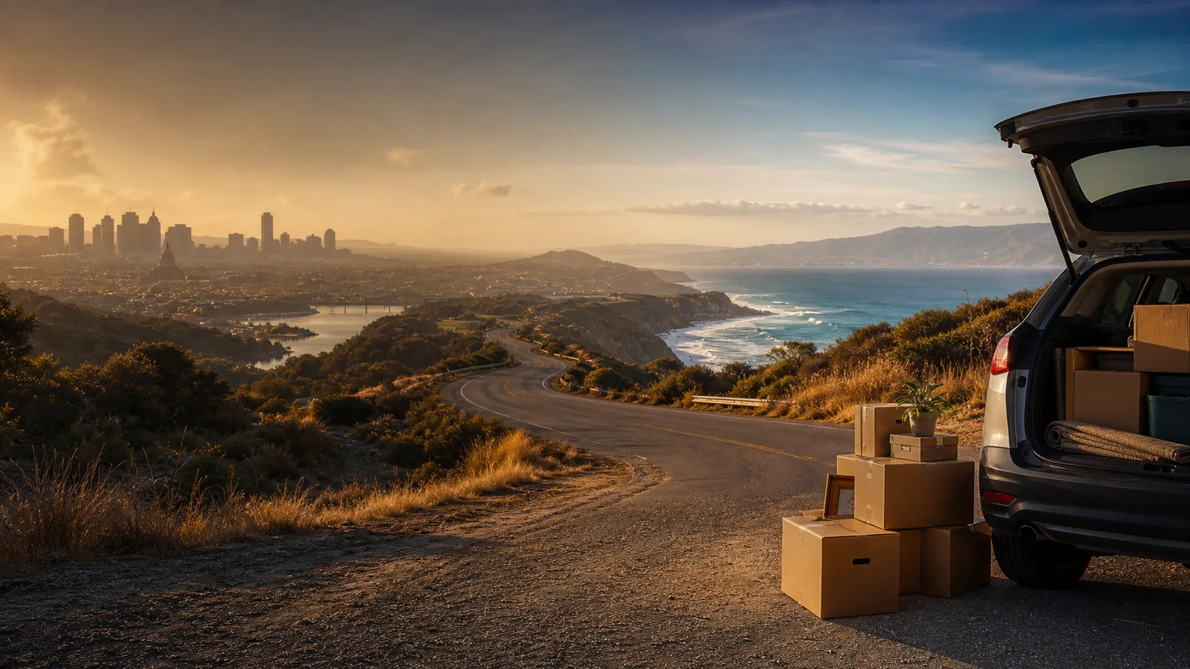 Moving boxes beside an open car overlooking a road between a hot inland city and the California coast